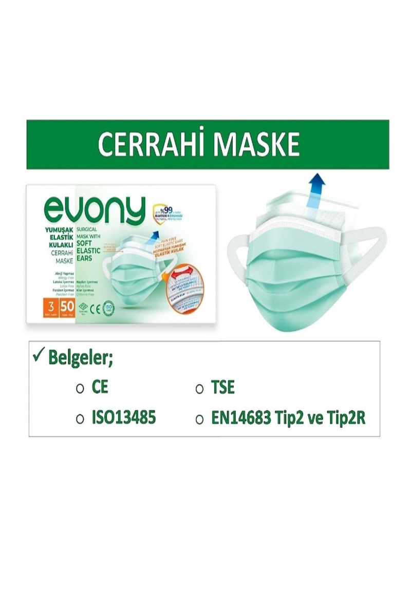 Evony Maske 3 Katlı Lastikli Cerrahi Yüz Maskesi 240 Adet